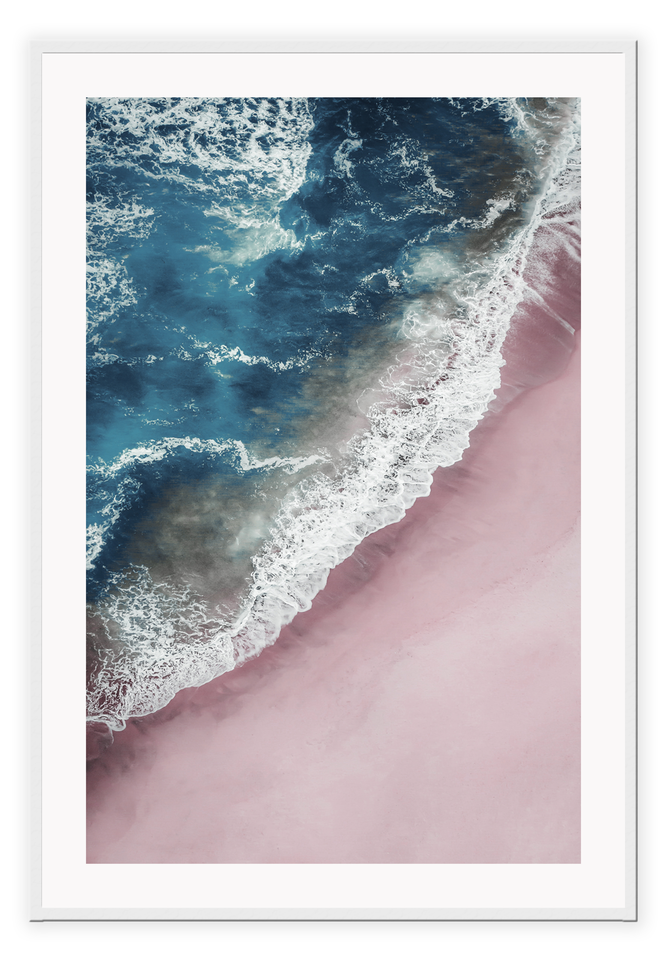 Ocean blue print white wash waves pink sand portrait